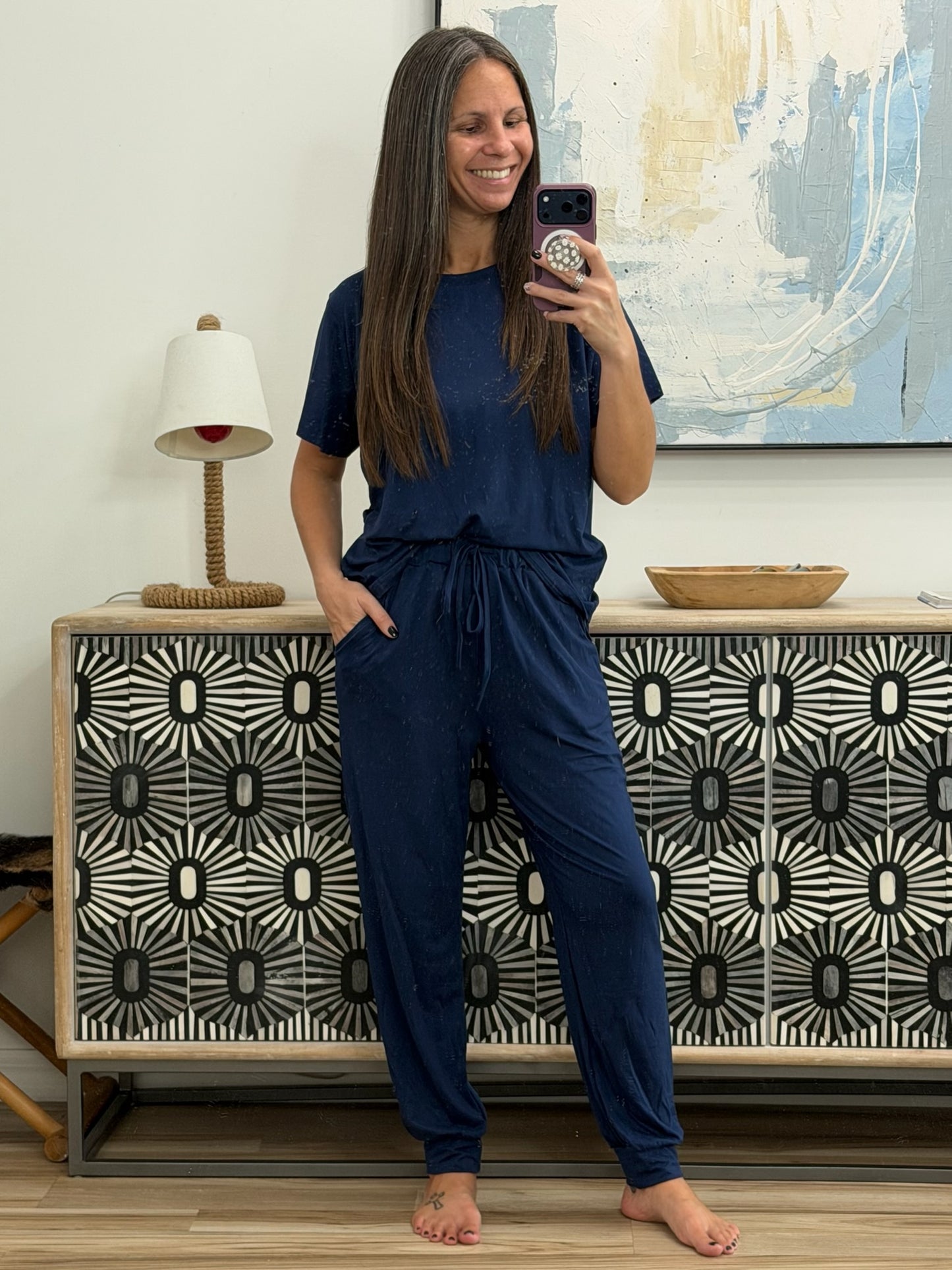 Full Size Round Neck Top and Drawstring Pants Set Plus Size
