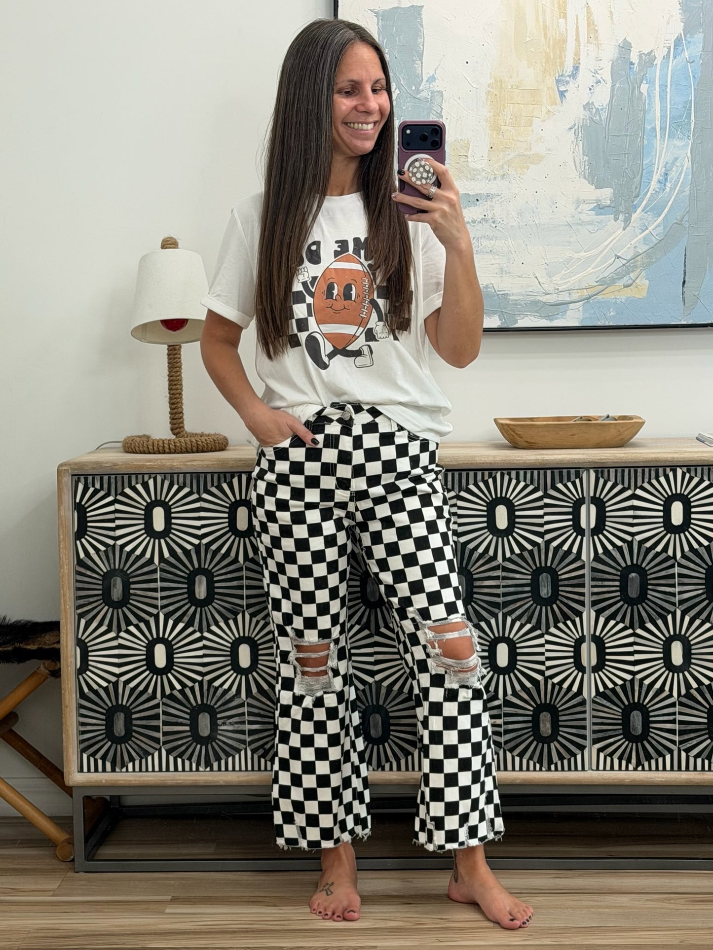 Checkerboard Print Distressed Holes Raw Edge Cropped Jeans