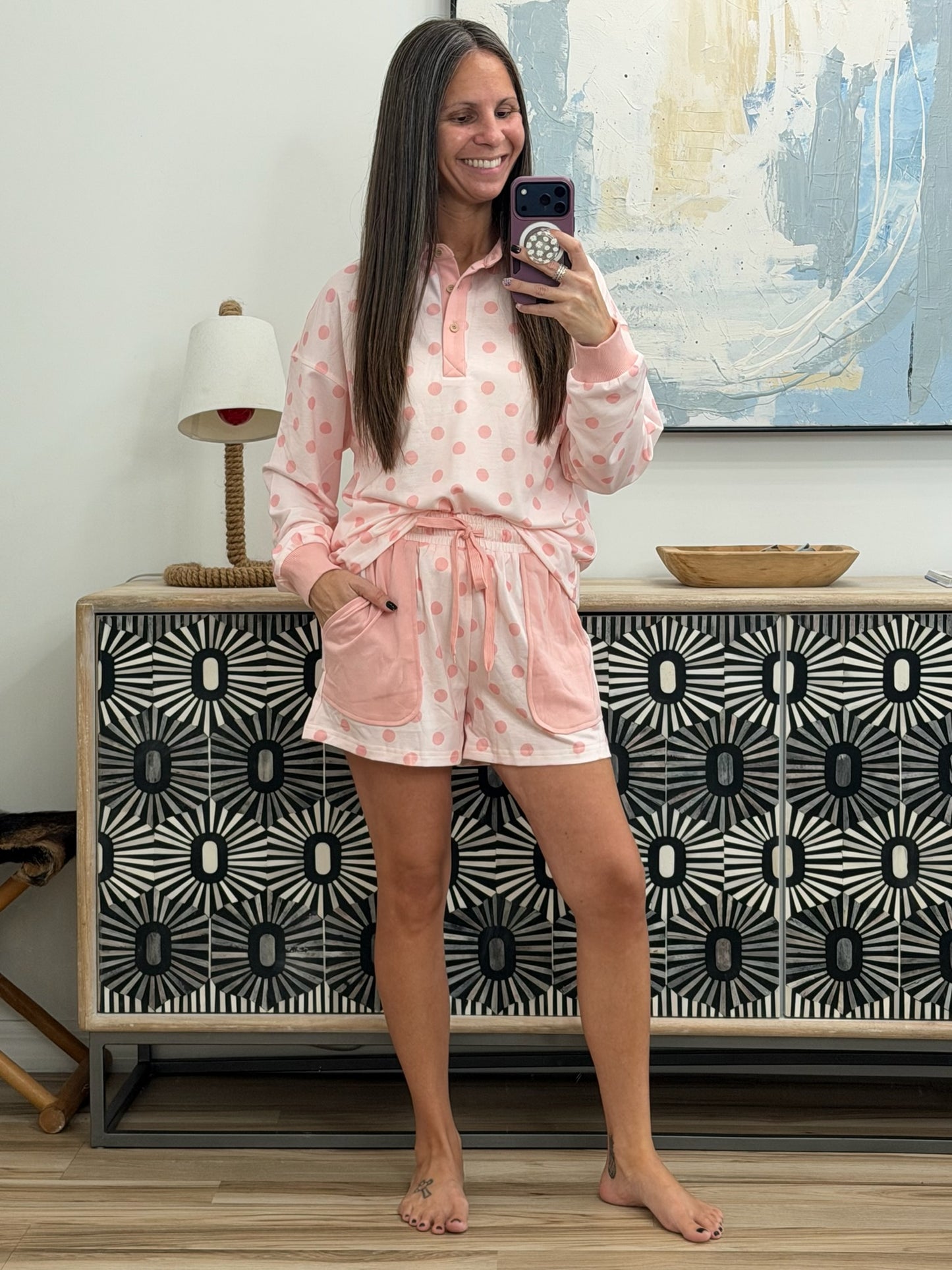 Polka Dot Drop Shoulder Polo Loose Pullover Patch Pocket Casual Shorts Set