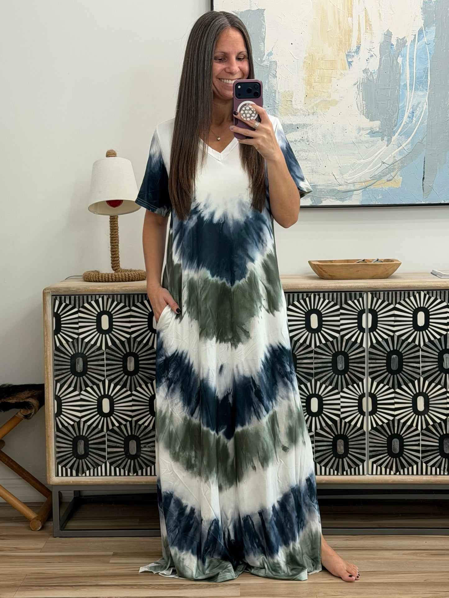 Full Size Tie-Dye V-Neck Midi Dress with Pockets Plus Size