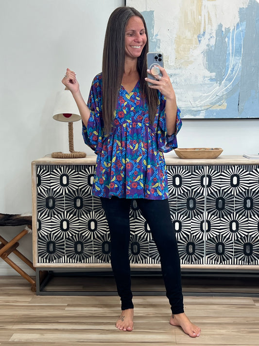 Dreamer Peplum Top in Royal and Red Abstract