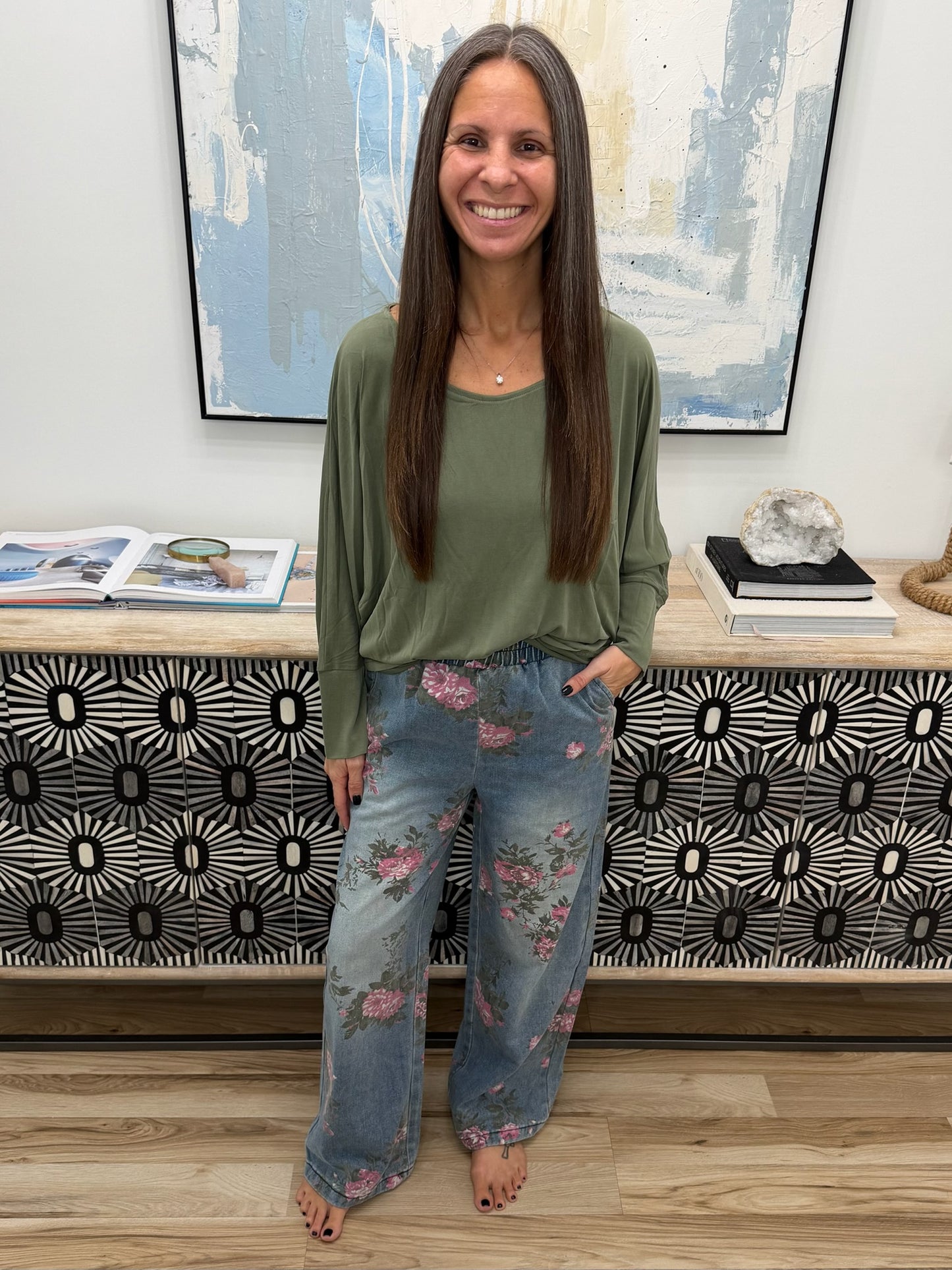 Floral Print Wide Leg Elastic Waist Jeans
