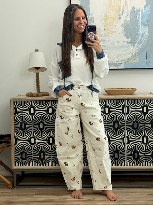 Abstract Dog Print Wide Leg Jeans