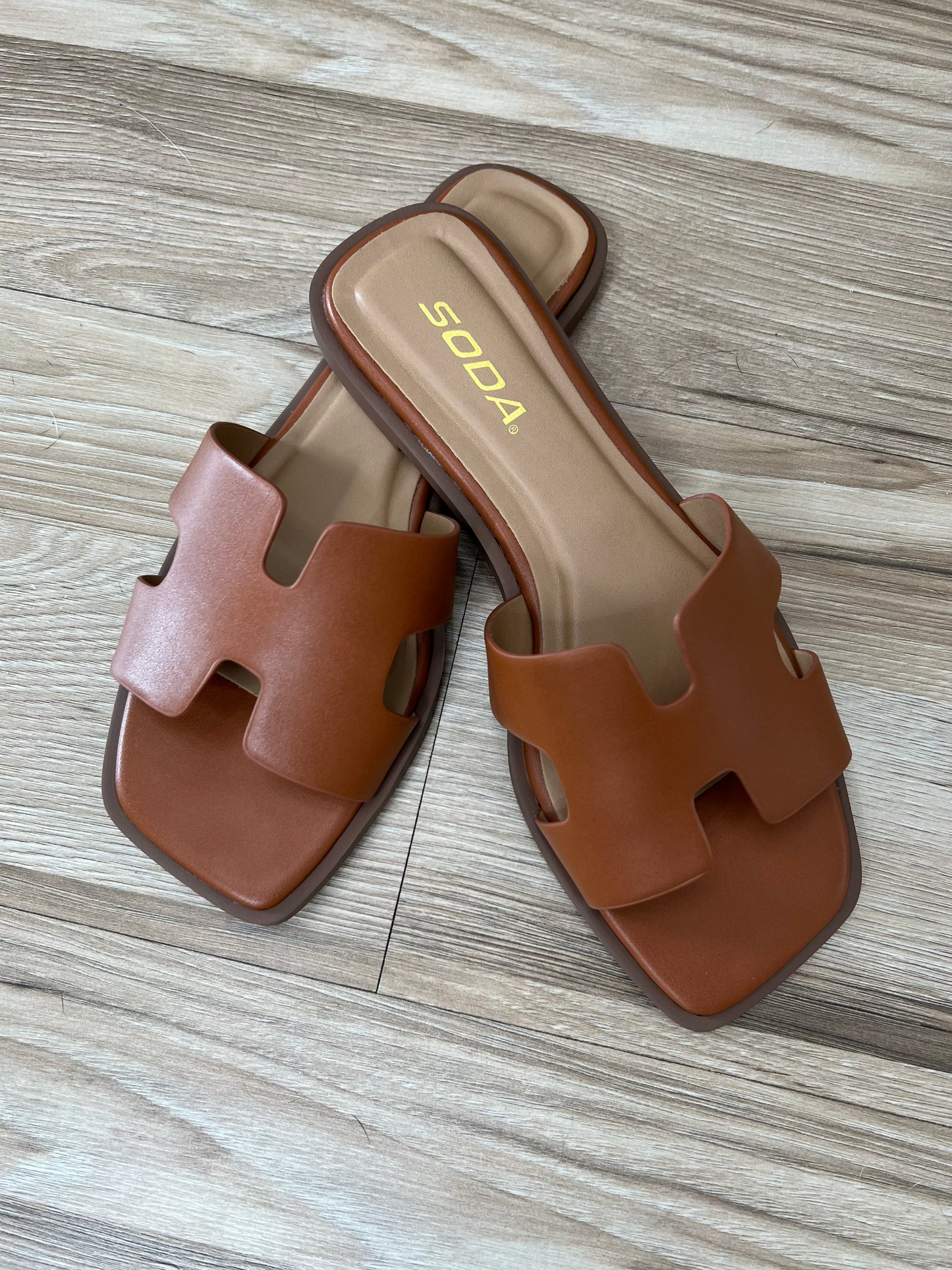Knit Square Toe Slide on Sandal in Cognac