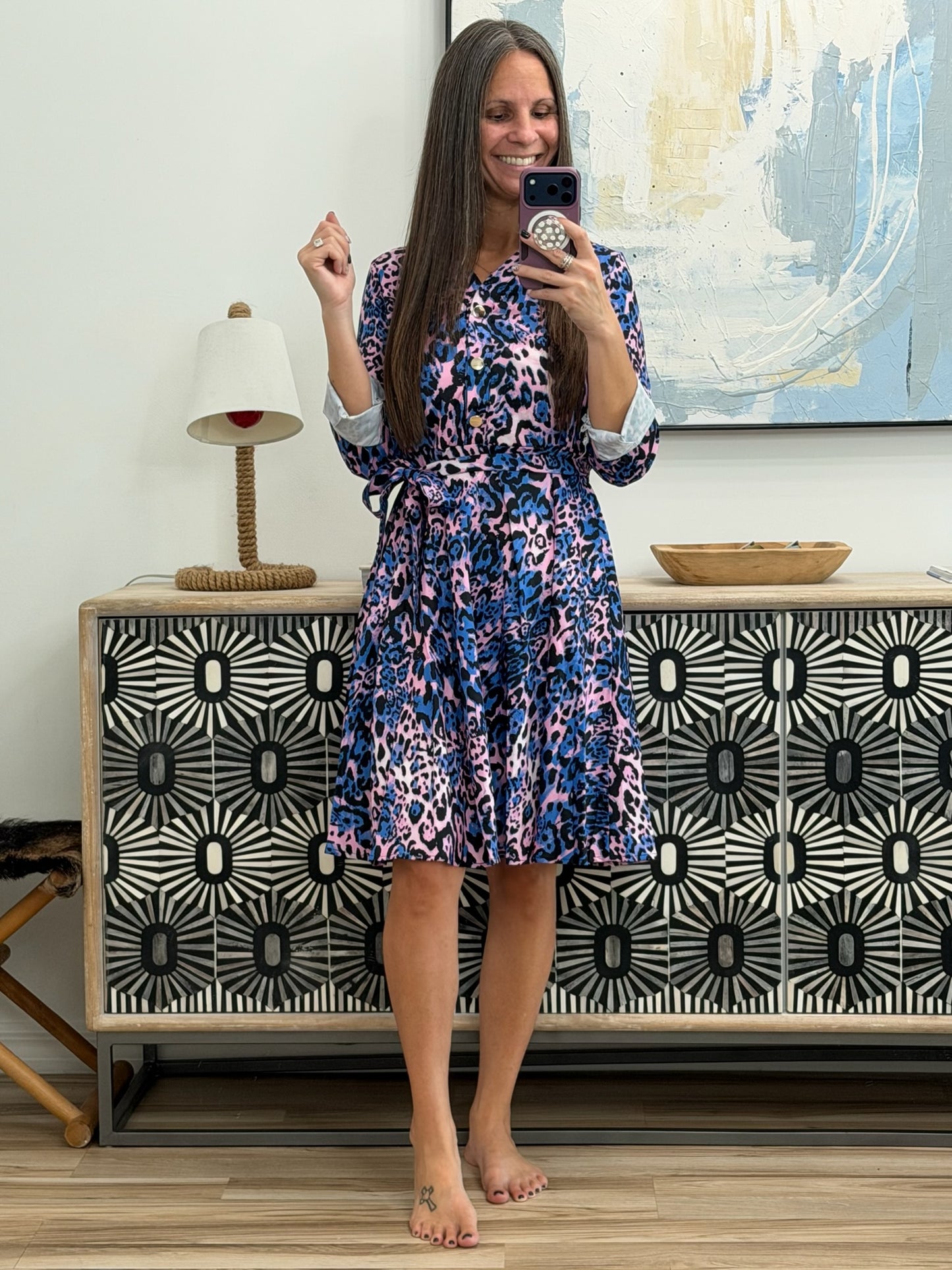 Printed Tie Waist Midi Dress