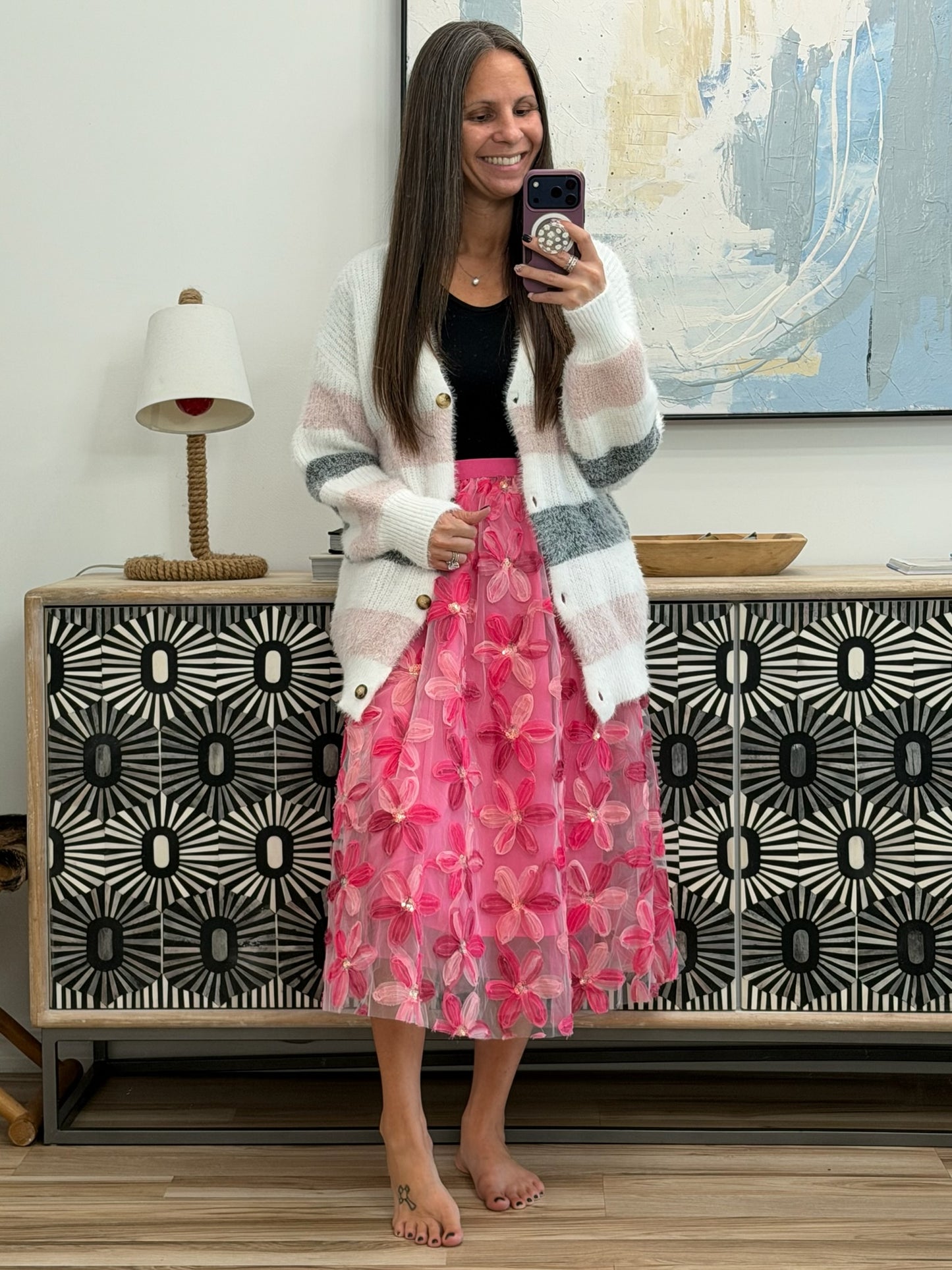 Striped Fuzzy Knit Button-Up Cardigan