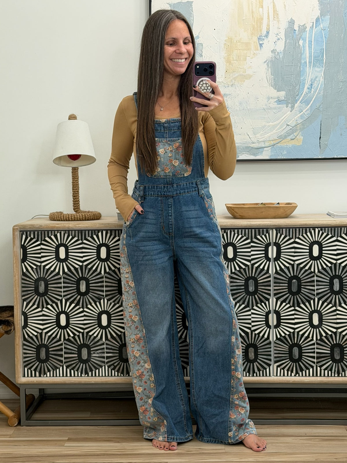 Vintage Rose Printed Pleated Loose Denim Overall