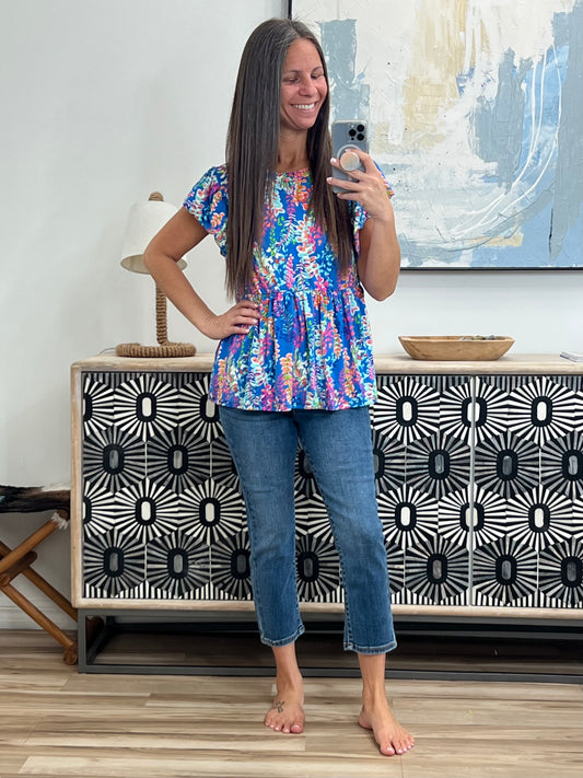 Flirt Alert Flutter Sleeve Top in Blue
