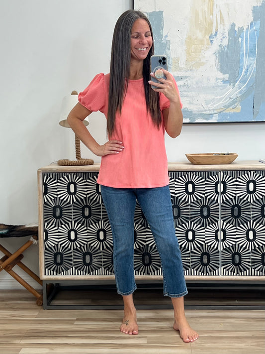 Grace & Virtue Balloon Sleeve Blouse in Coral