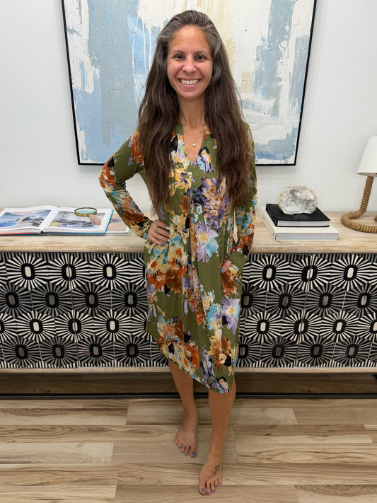 Generally Speaking V-Neck Dress in Olive Floral