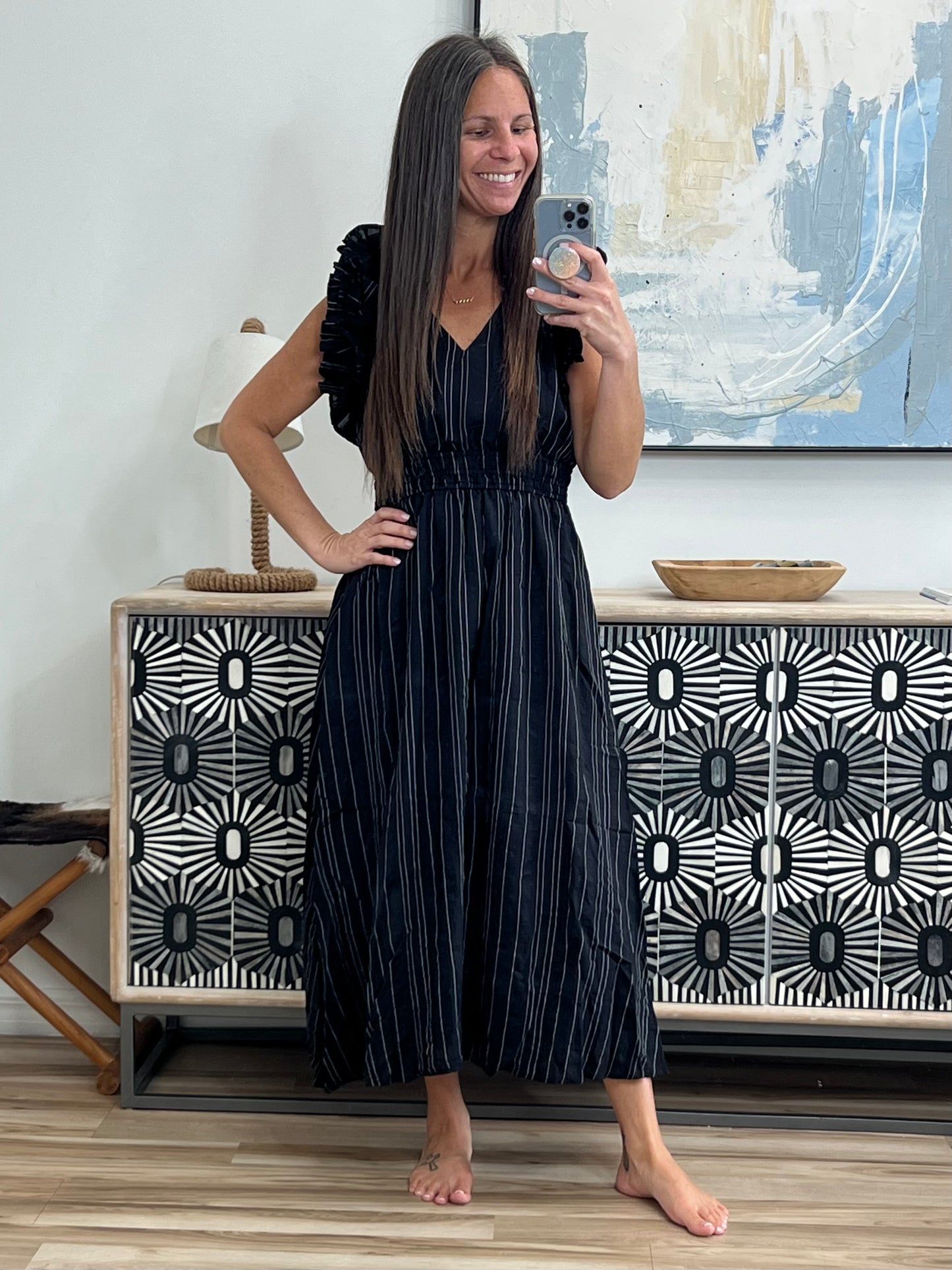 Pinstripe Romance V-Neck Ruffle Sleeve Dress in Black