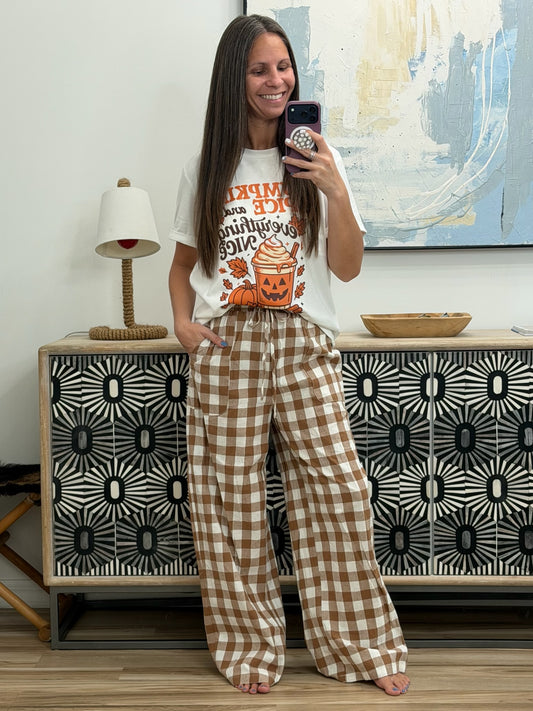 Gingham Plaid Tie Elastic Waist Shift Pants