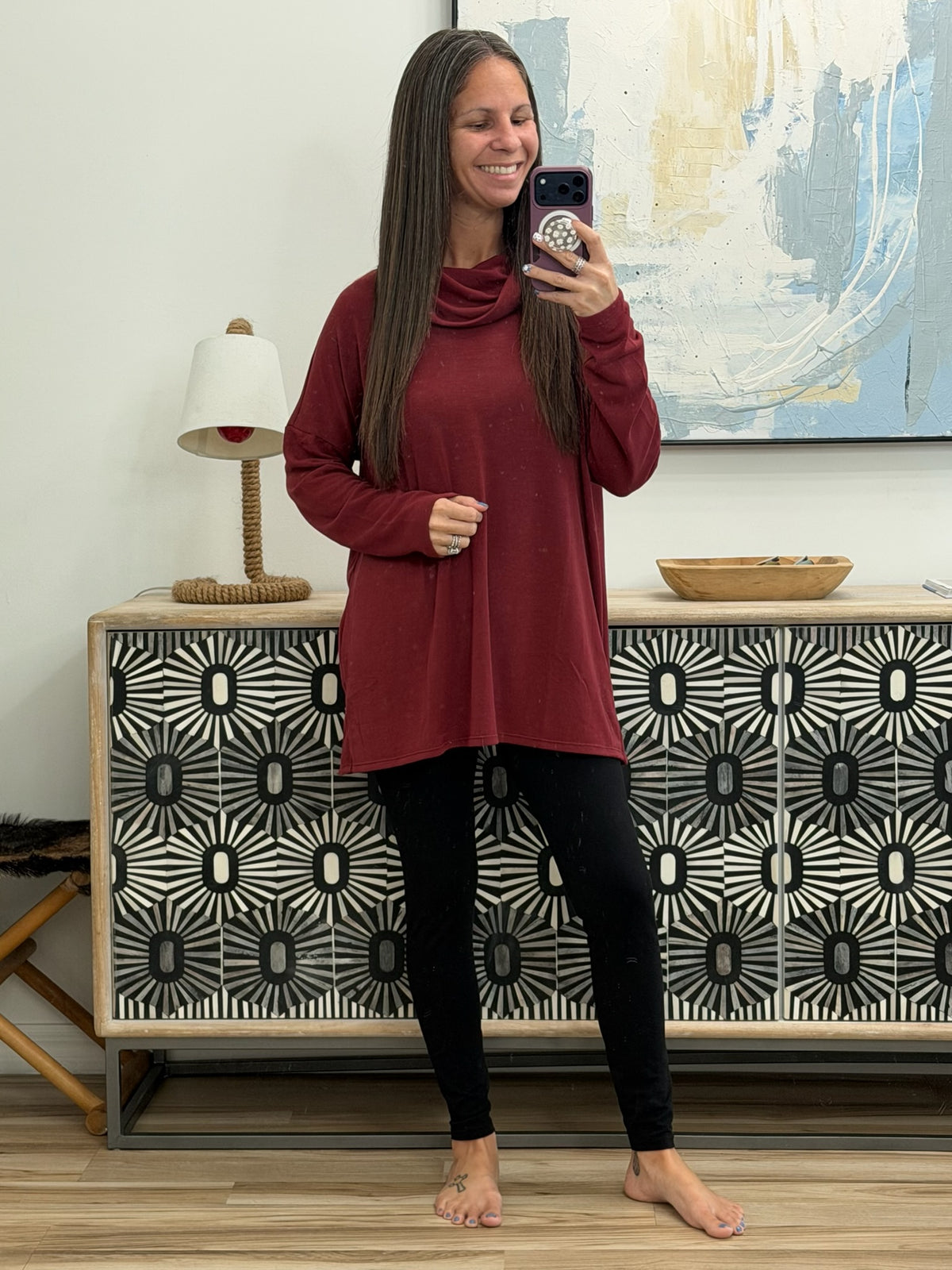 Travel Destination Cowl Neck Pullover in Wine