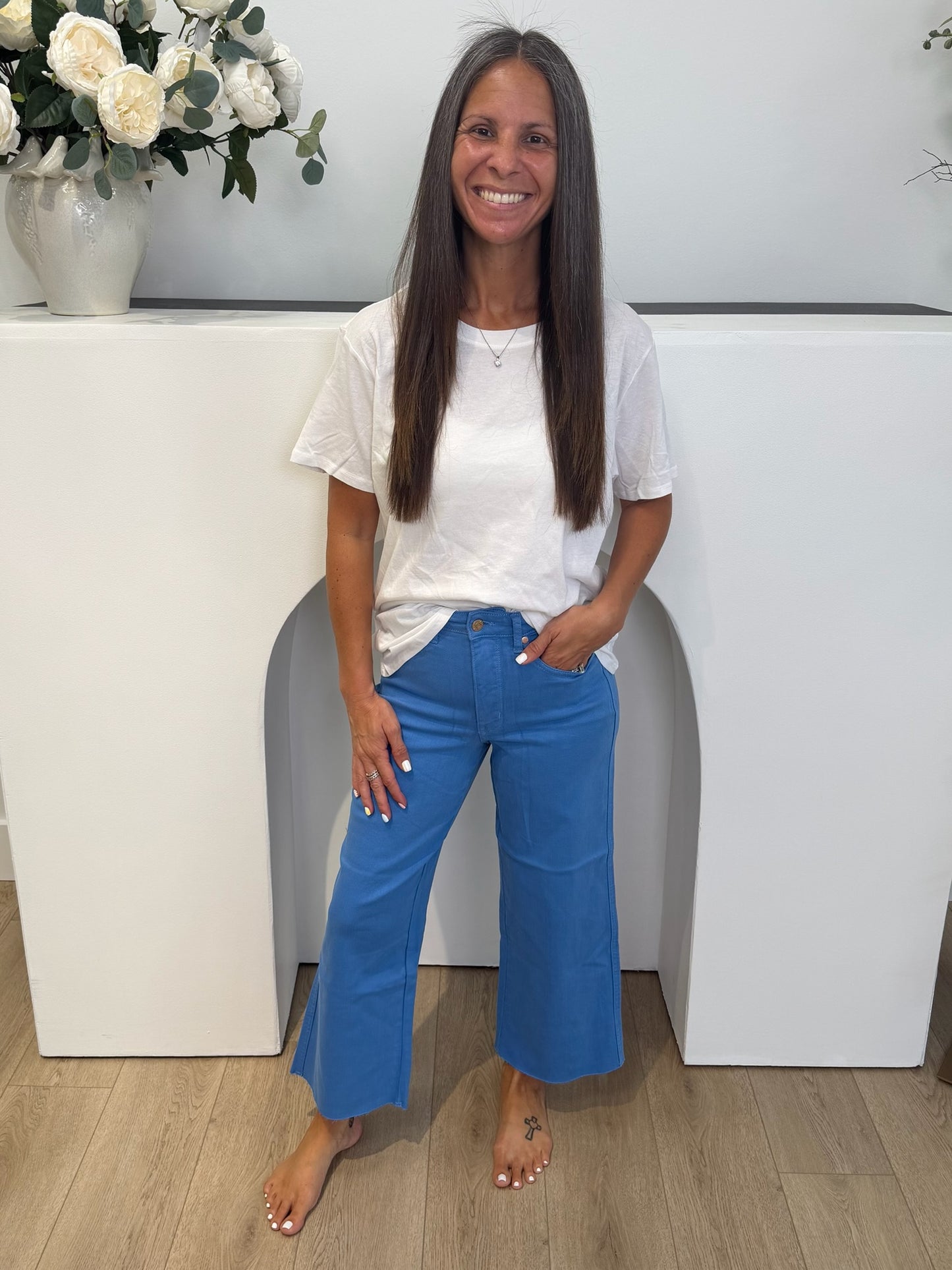 Lisa High Rise Control Top Wide Leg Crop Jeans in Sky Blue
