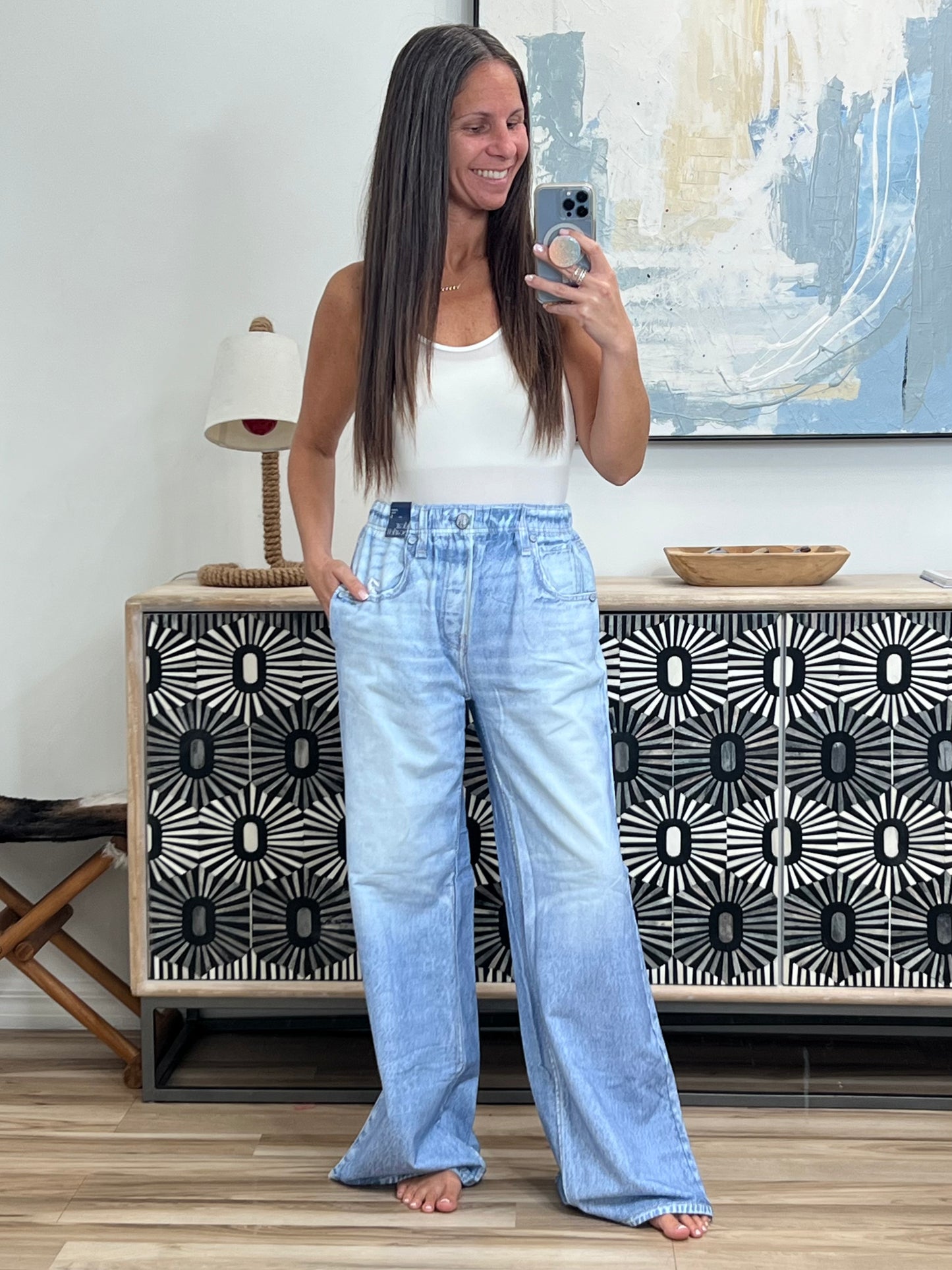 Zenim Printed Wide Leg Bottoms in Light Wash