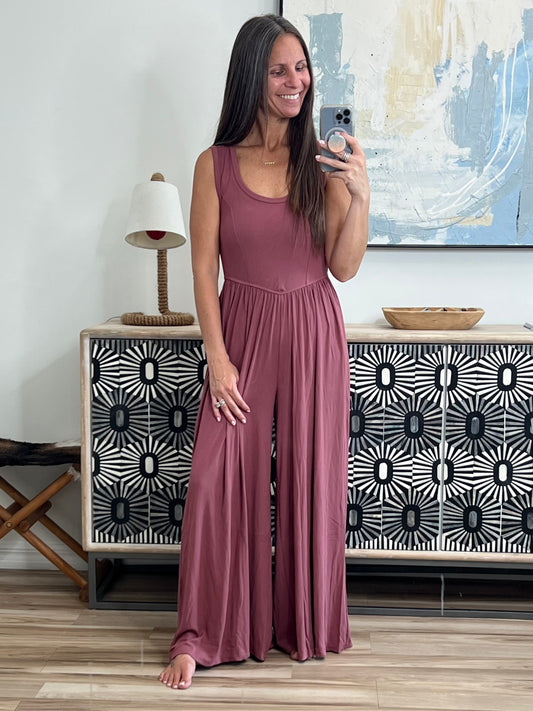 Head to Toe Whoa Gathered Wide Leg Jumpsuit in Mauve