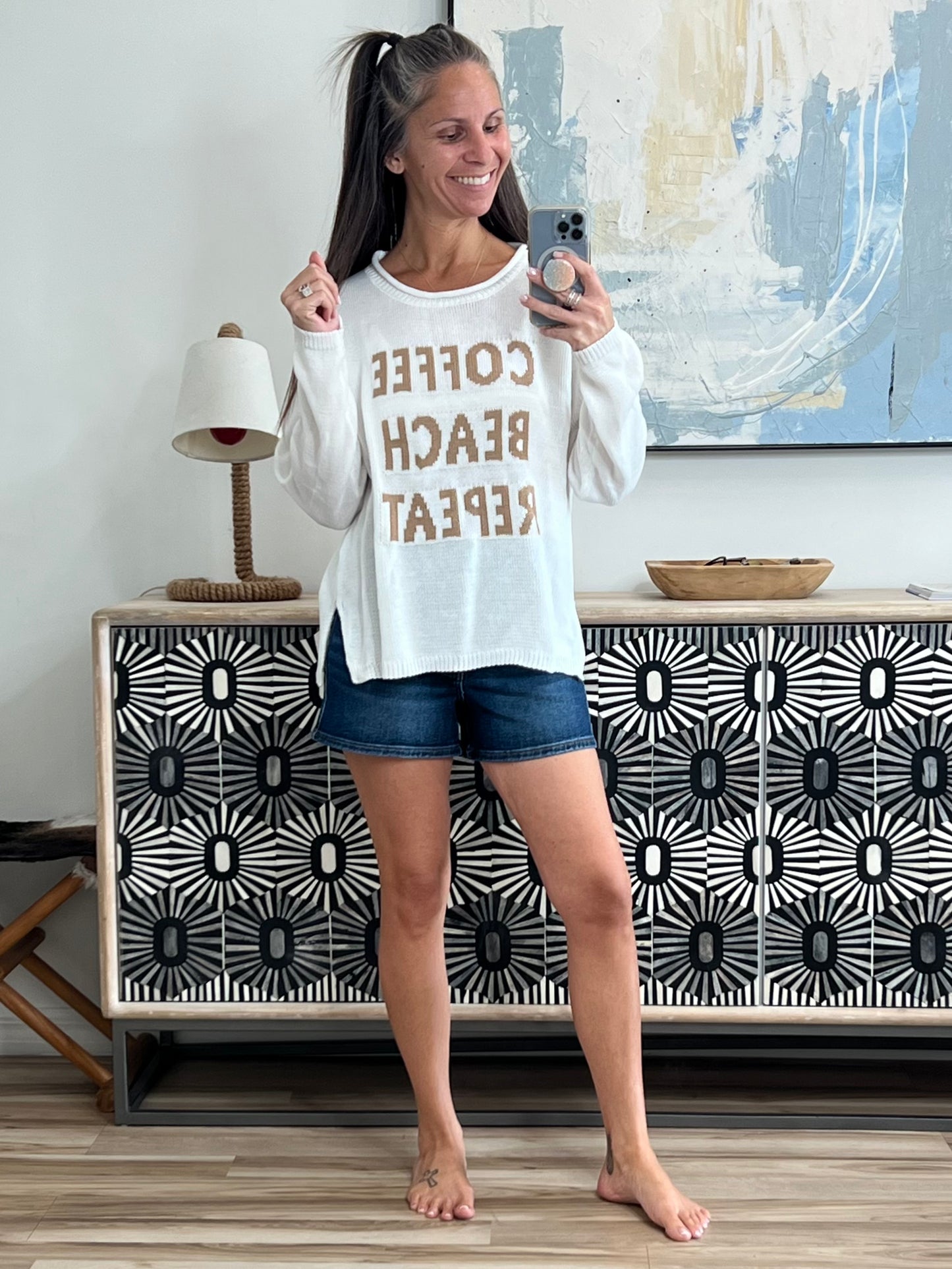 Coffee Beach Letter Side Slit Knit Top