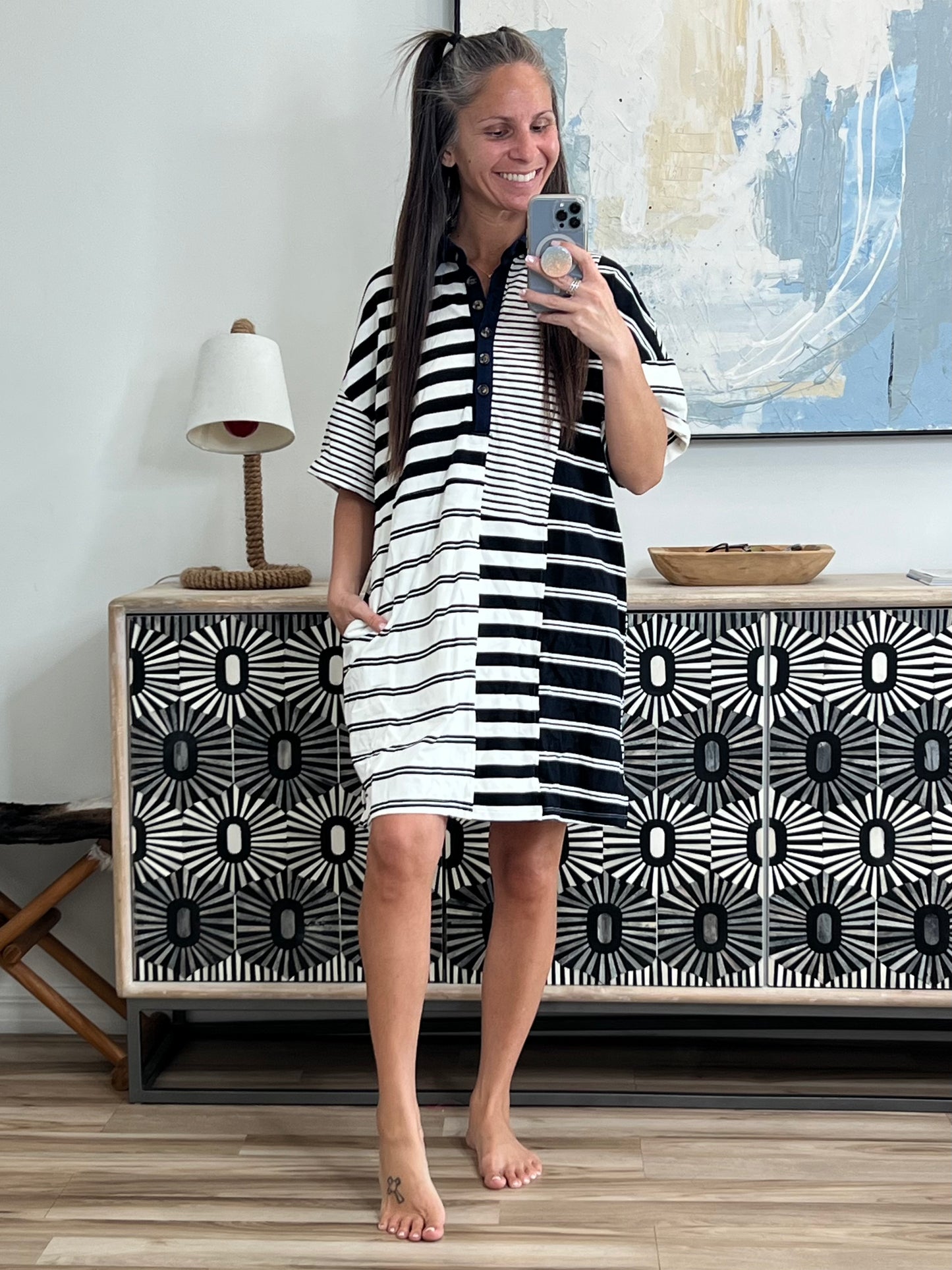 Everlasting Love Striped Collared Dress in Black and Navy