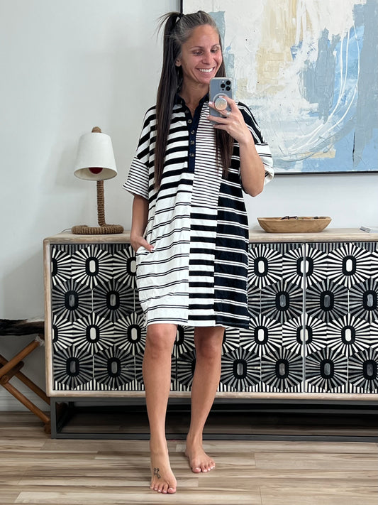 Everlasting Love Striped Collared Dress in Black and Navy