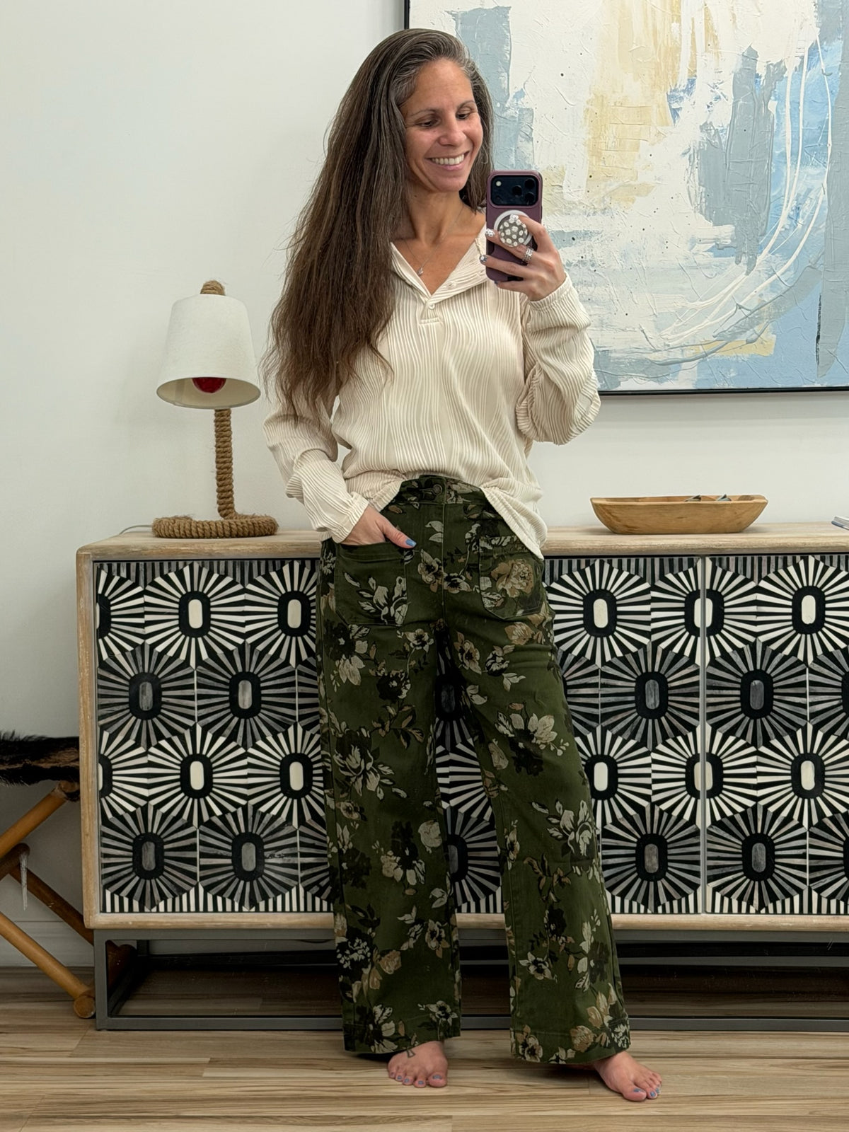 Vintage Style Floral Print High Waist Wide Leg Jeans