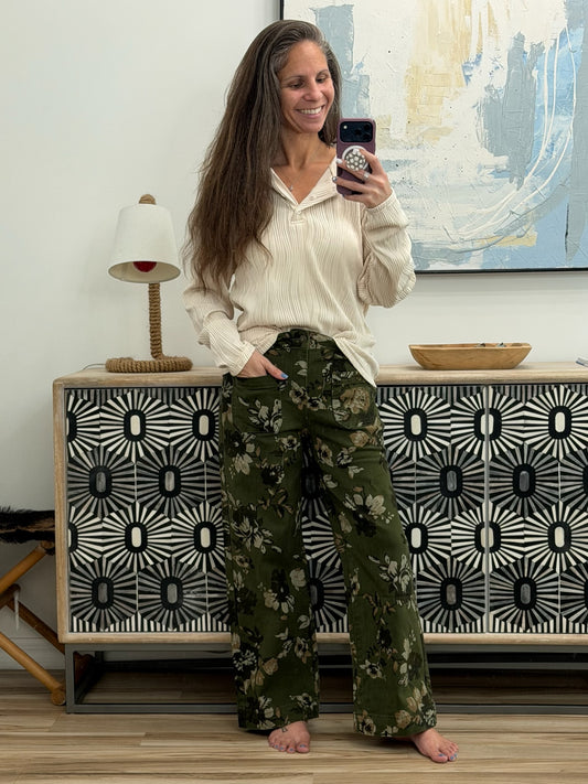 Vintage Style Floral Print High Waist Wide Leg Jeans