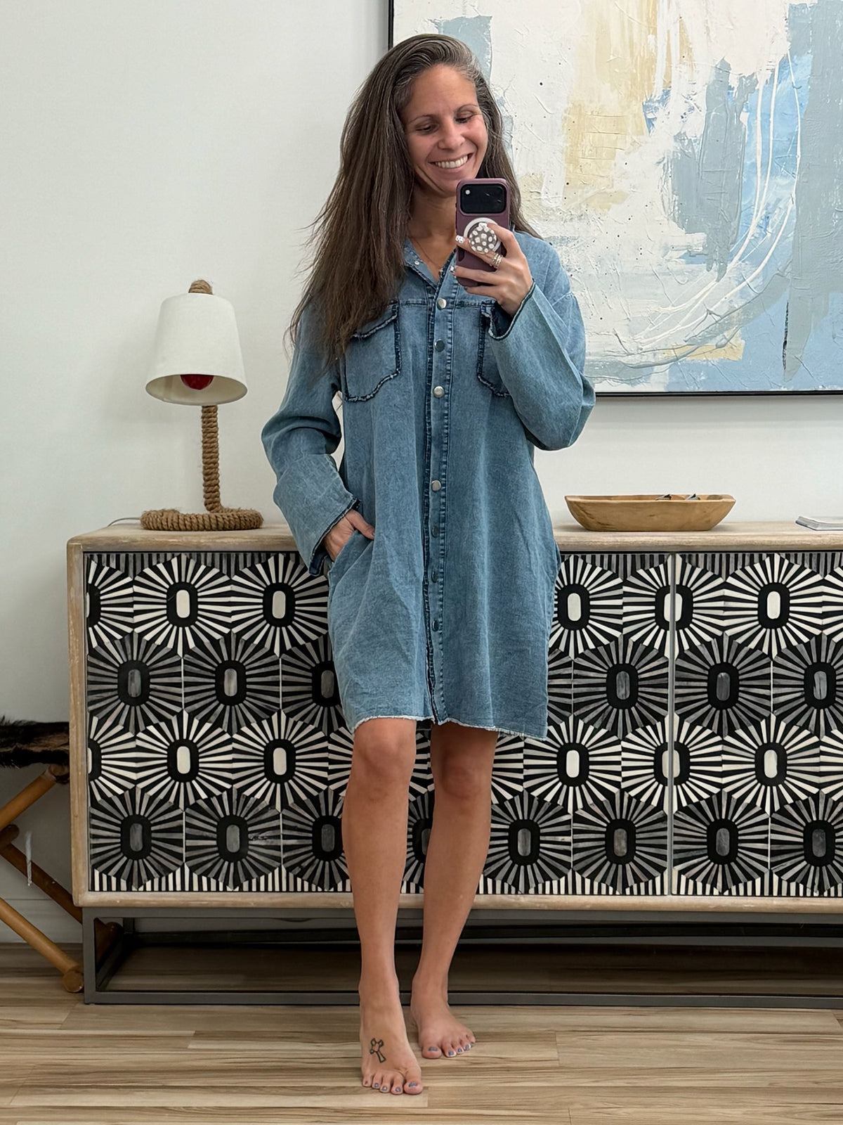 Full Size Pocketed Button Up Long Sleeve Denim Dress/Jacket