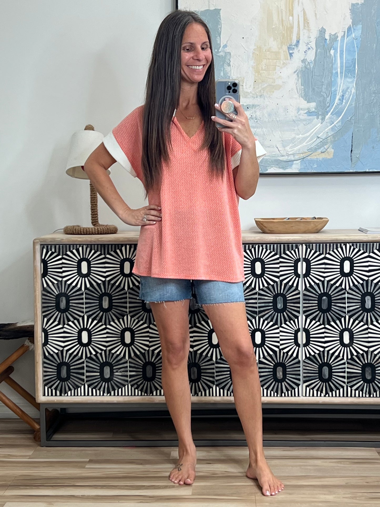 One Piece at a Time V-Neck Short Sleeve Top in Coral