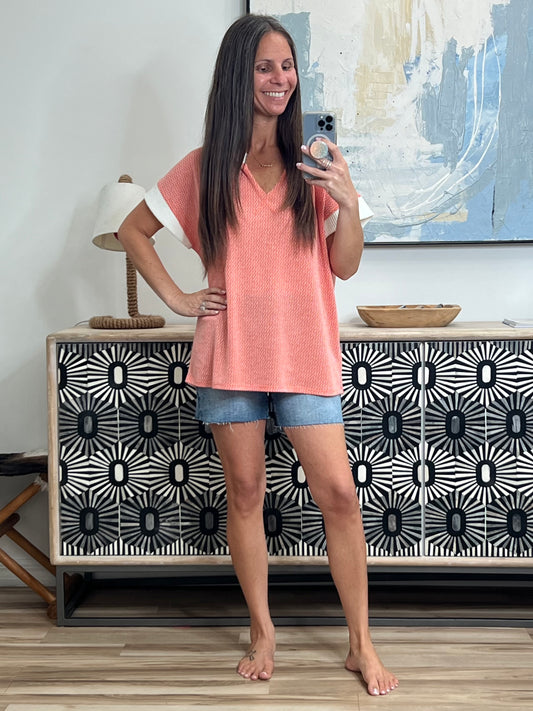 One Piece at a Time V-Neck Short Sleeve Top in Coral