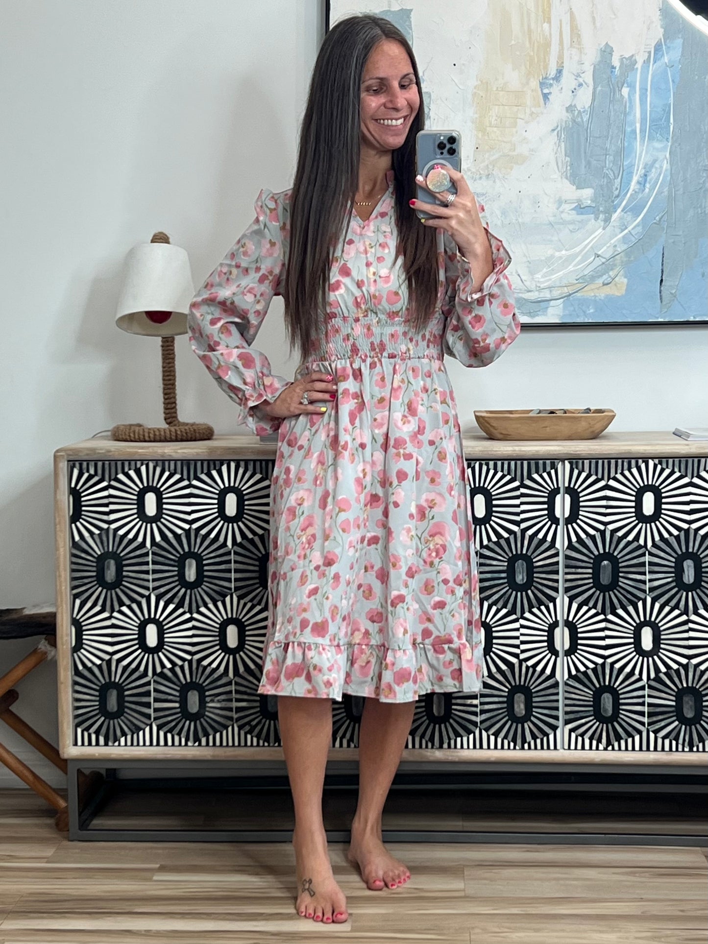 Floral Notched Flounce Sleeve Dress