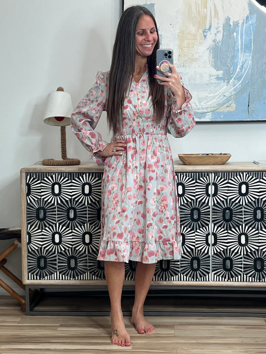 Floral Notched Flounce Sleeve Dress
