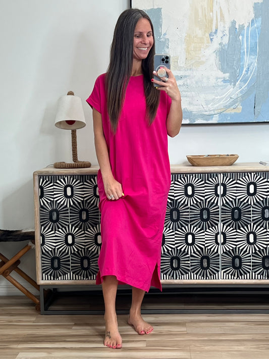 Fix You Right Up Short Sleeve Midi Dress in Hot Pink