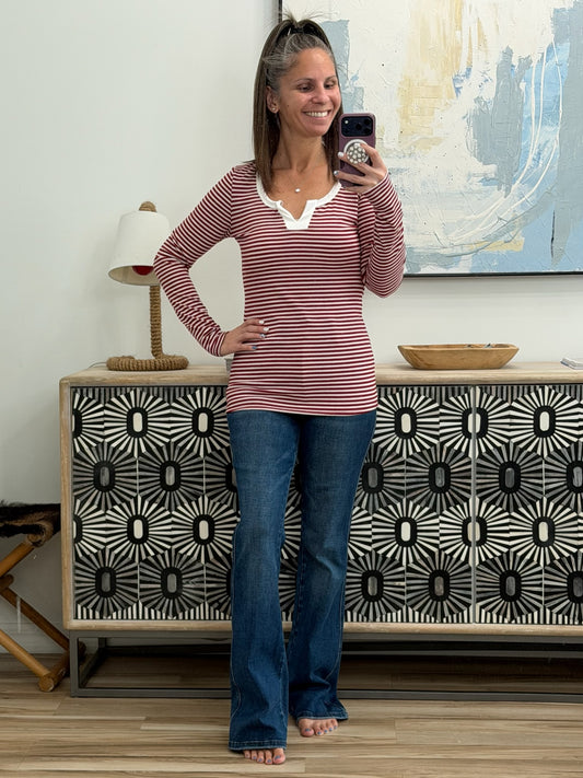 Here, There, Everywhere Split Neck Top in Burgundy