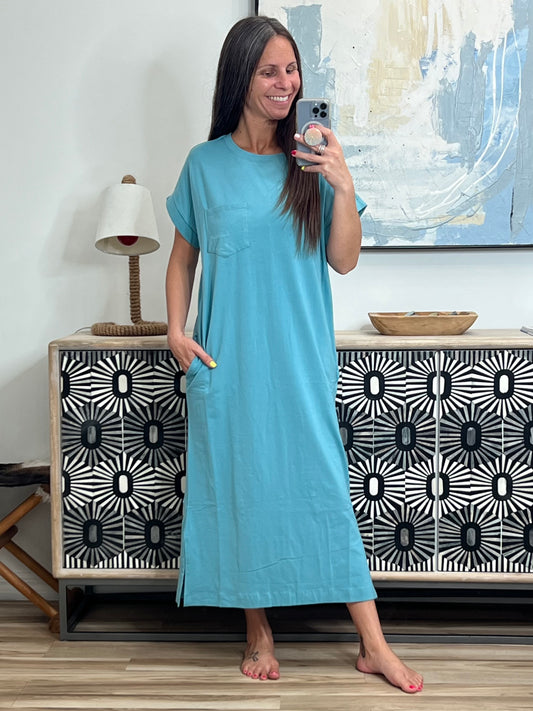 Fix You Right Up Short Sleeve Midi Dress in Dusty Teal