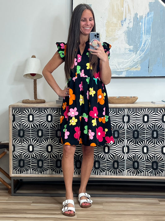 Ruffled Printed Notched Cap Sleeve Dress