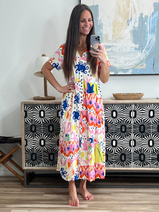 Devine Printed Johnny Collar Button Down Short Sleeve Midi Shirt Dress