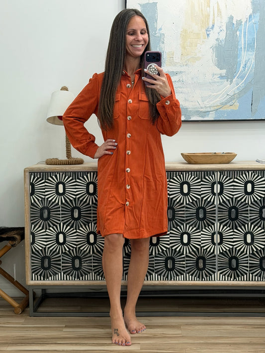 Clever in Corduroy Shirt Dress