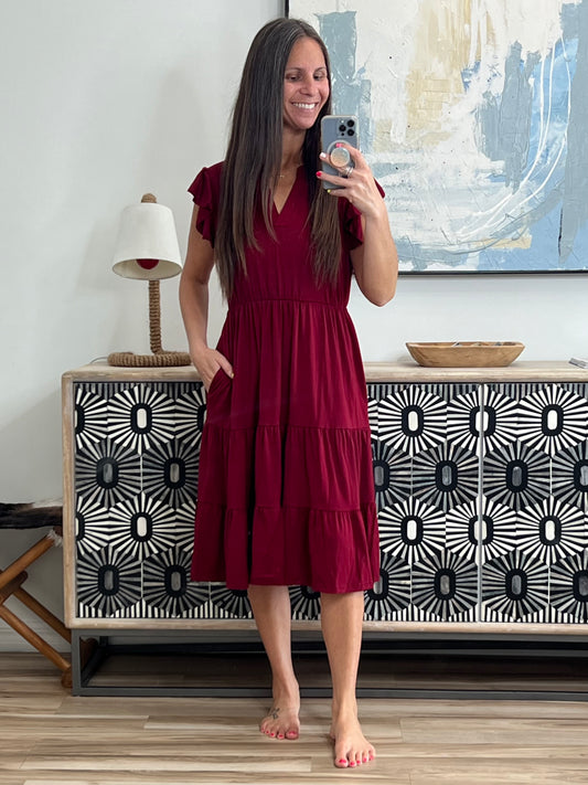 Ruched Notched Cap Sleeve Dress