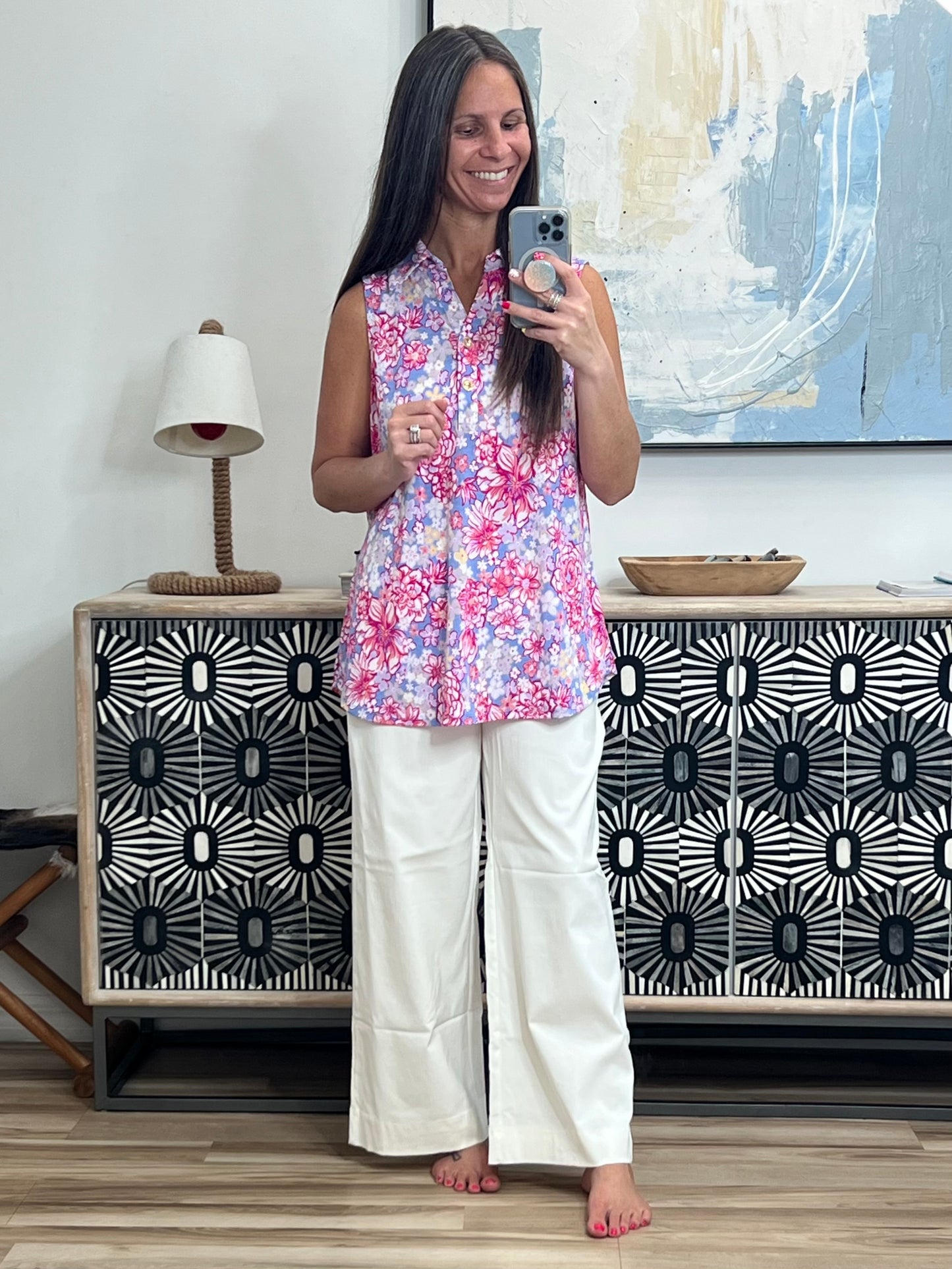 Sea Spray Collared Sleeveless Top in Falling Floral