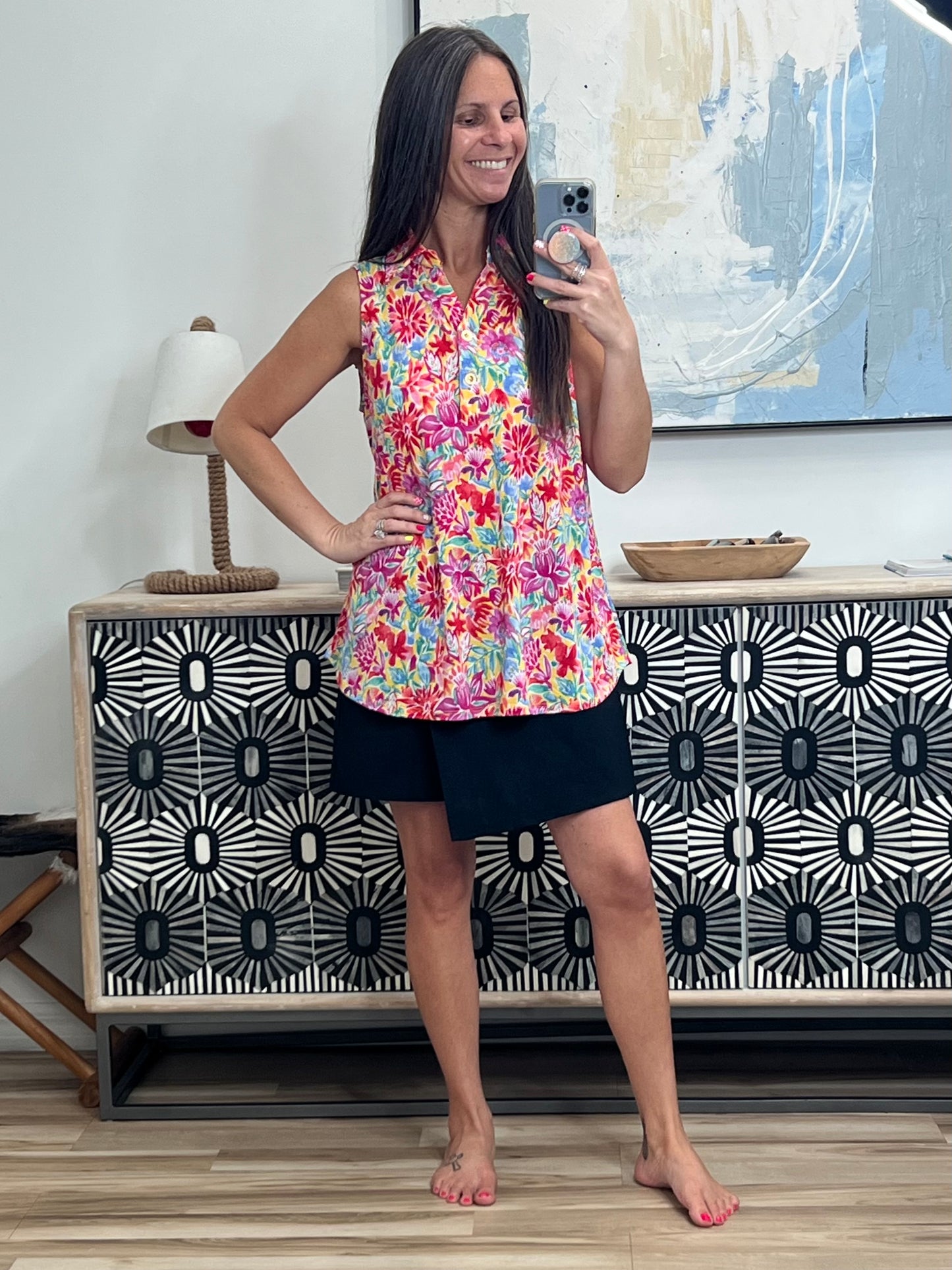 Sea Spray Collared Sleeveless Top in Floral Ikat