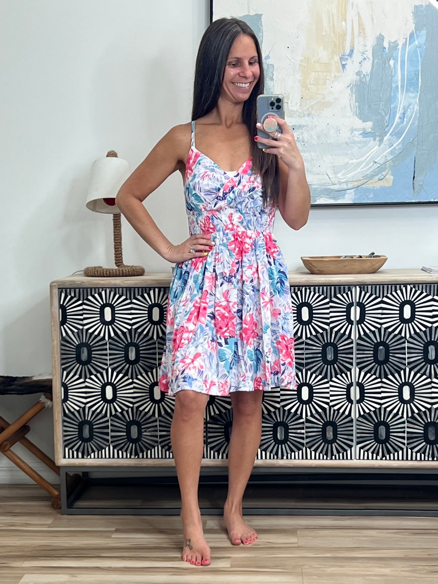 Floral Spaghetti Strap Surplice Neck Shirred Waist Mini Dress