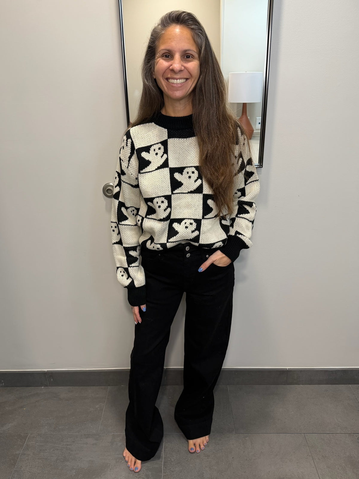 Halloween Ghost Pattern Checkered Round Neck Sweater