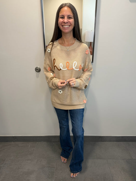 HELLO Flower Round Neck Long Sleeve Sweater