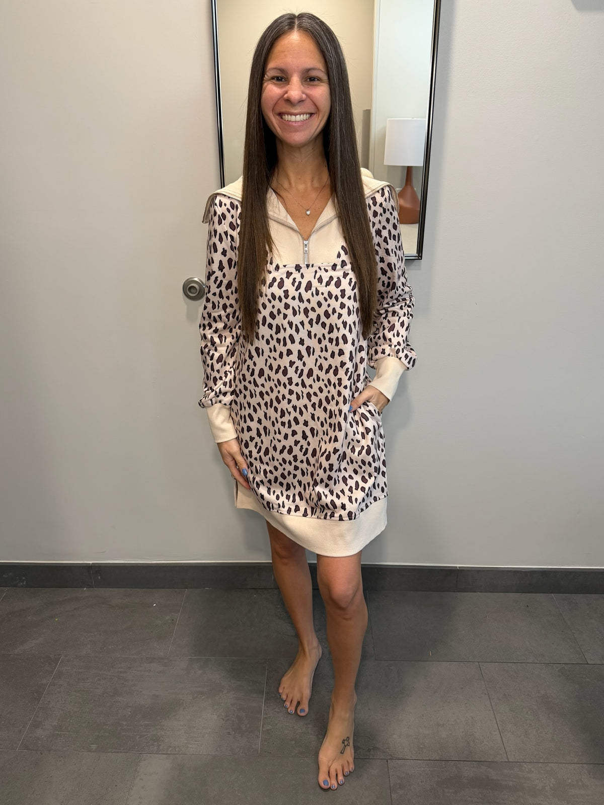 Leopard Print Zip up Collar Patchwork Shift Mini Dress