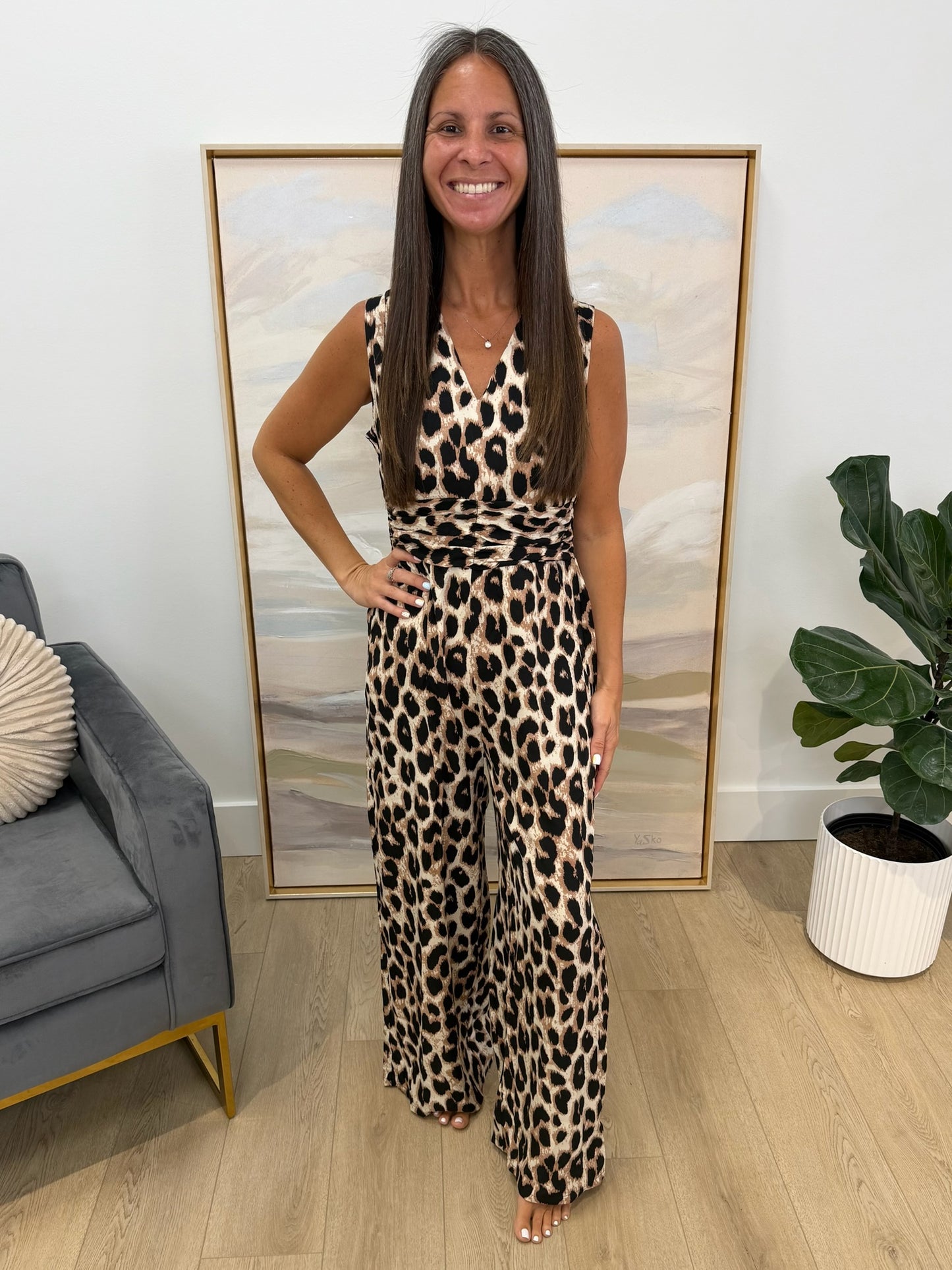 Sleeveless V-Neck Leopard Print Wide Leg Jumpsuit