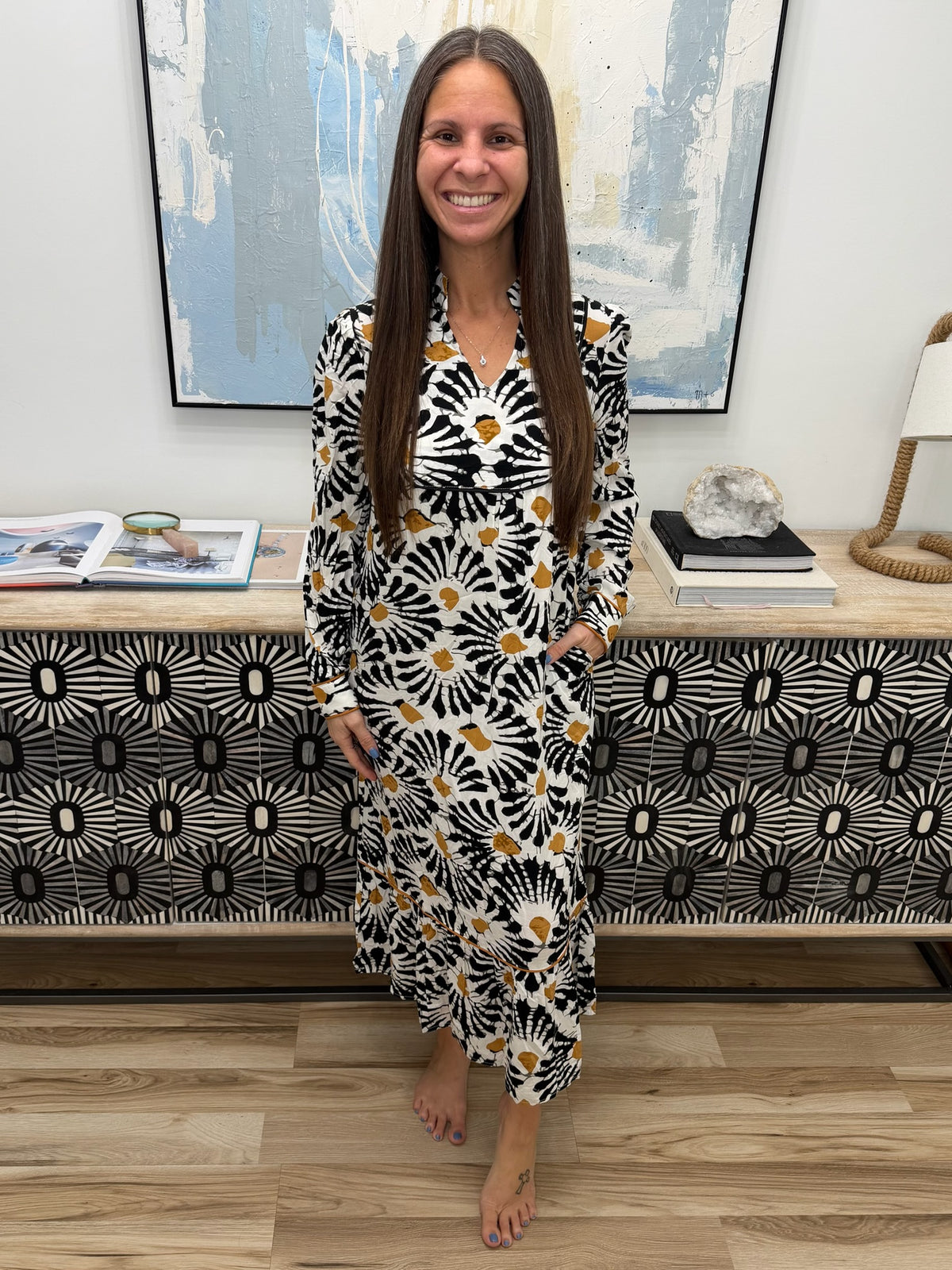 Abstract Floral Print Split Notched Dress