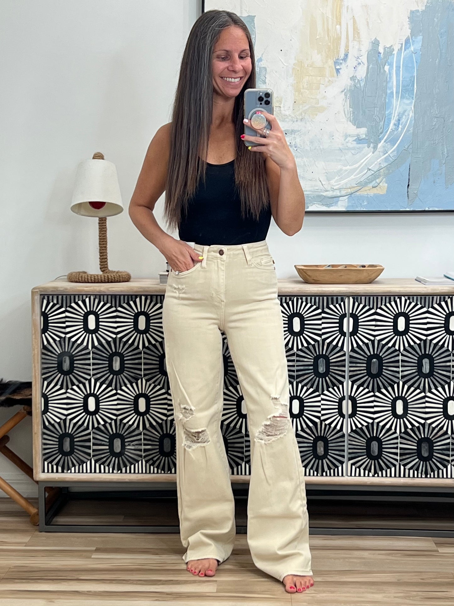 Selena High Rise Distressed 90's Straight Jeans in Bone