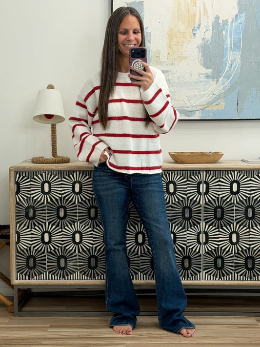 Softly Secure Drop Shoulder Sweater in Red and White