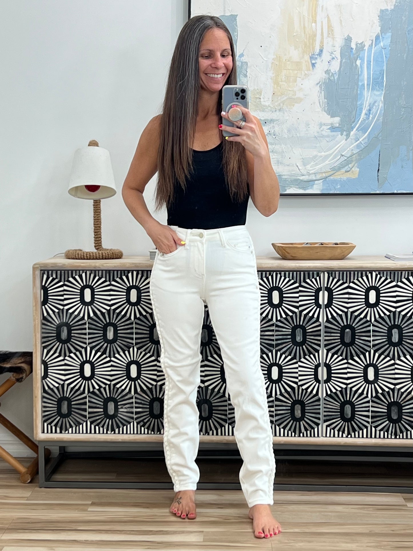 Maddie Mid Rise Braided Side Seam Relaxed Jeans