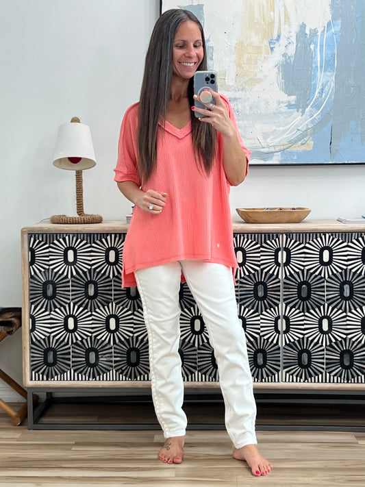 Growing Restless V-Neck Tee in Coral