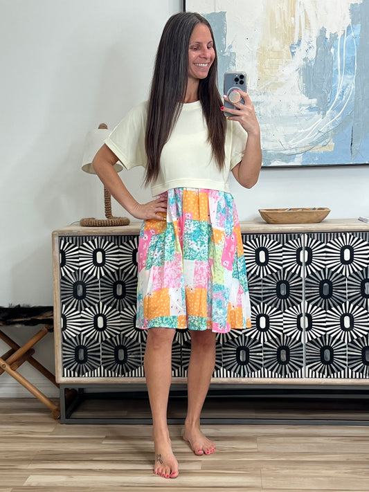 Office Associate Patchwork Print Babydoll Dress